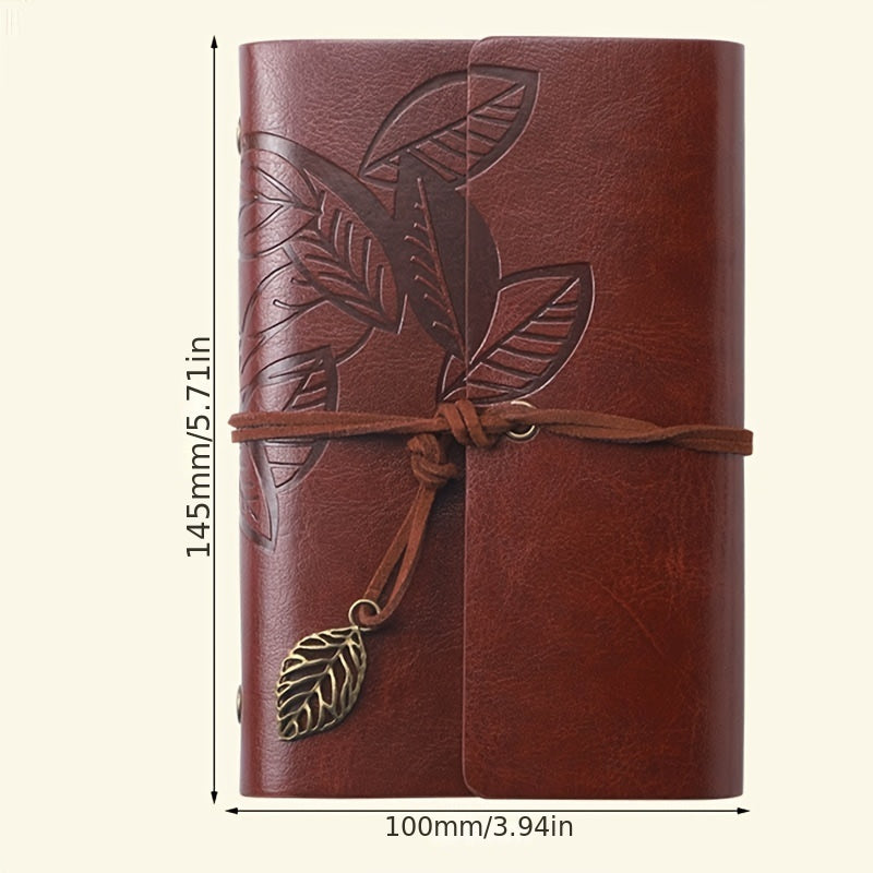 Vintage spiral-bound faux leather notebook with leaf-embossed design and strap closure, available in black, orange, and blue, perfect for students and travelers.