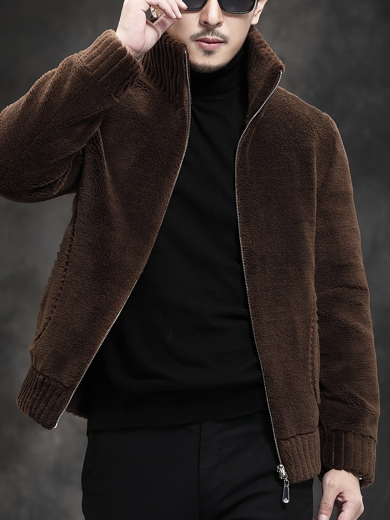 Men's Casual Faux Fur Jacket made of 7% Wool and 93% Polyester with solid color, stand collar, zipper closure, cold resistance, and non-stretch knit fabric. Ideal for hiking and outdoor