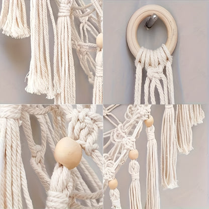 Handmade macrame wall storage net with hooks for toys and plushies. Versatile decor for living room, bedroom, or playroom.