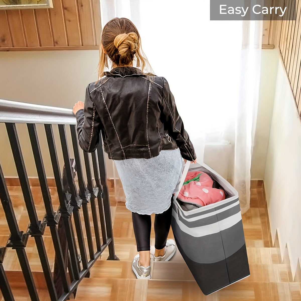 Large laundry baskets, available in singles or sets of two, are waterproof and designed for independent use. The high-tube baskets are foldable and have extended handles, making them suitable for dormitories and families. Available in gradient gray, each