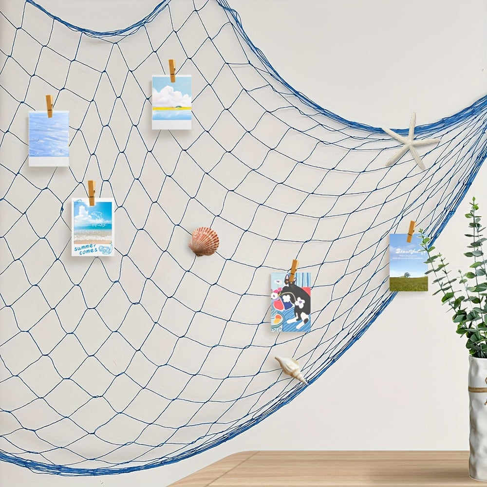 Seafarer's Charm: Nautical Blue Fishing Net Wall Decor with Seashells - Perfect for Ocean-Themed Events