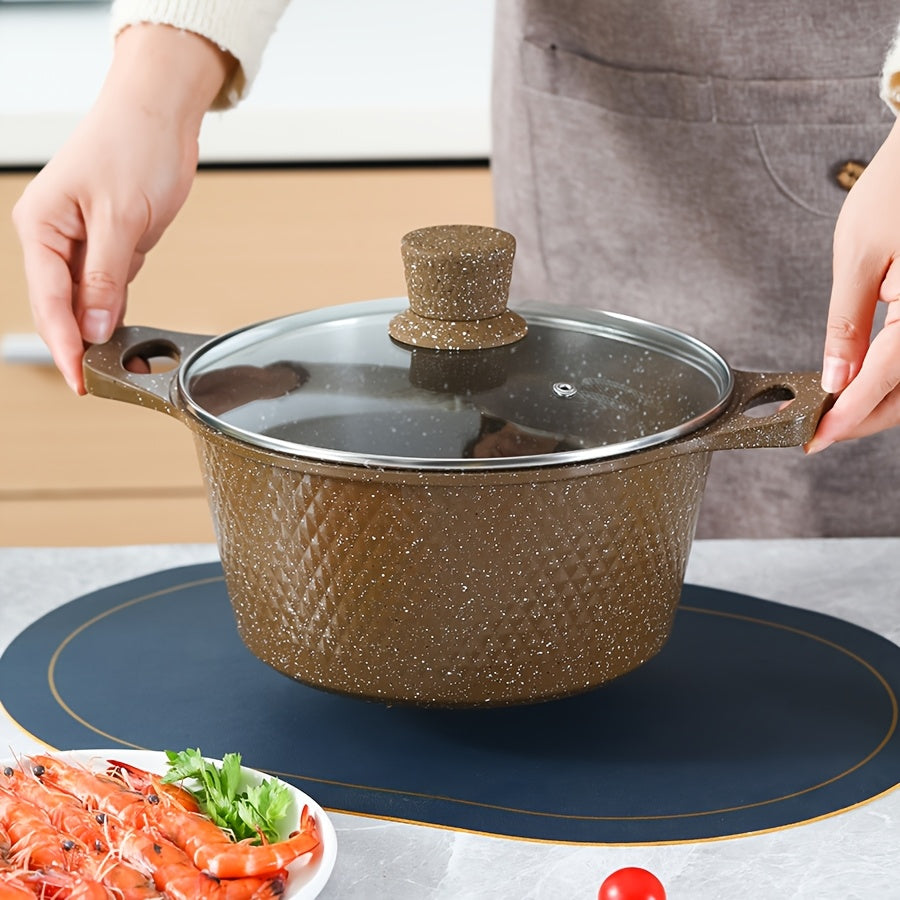 Multi-functional kitchenware set including a soup pot, non-stick frying pan, stew pot, and stir-fry pan in a stylish coffee color, suitable for use on open fire or gas stoves.