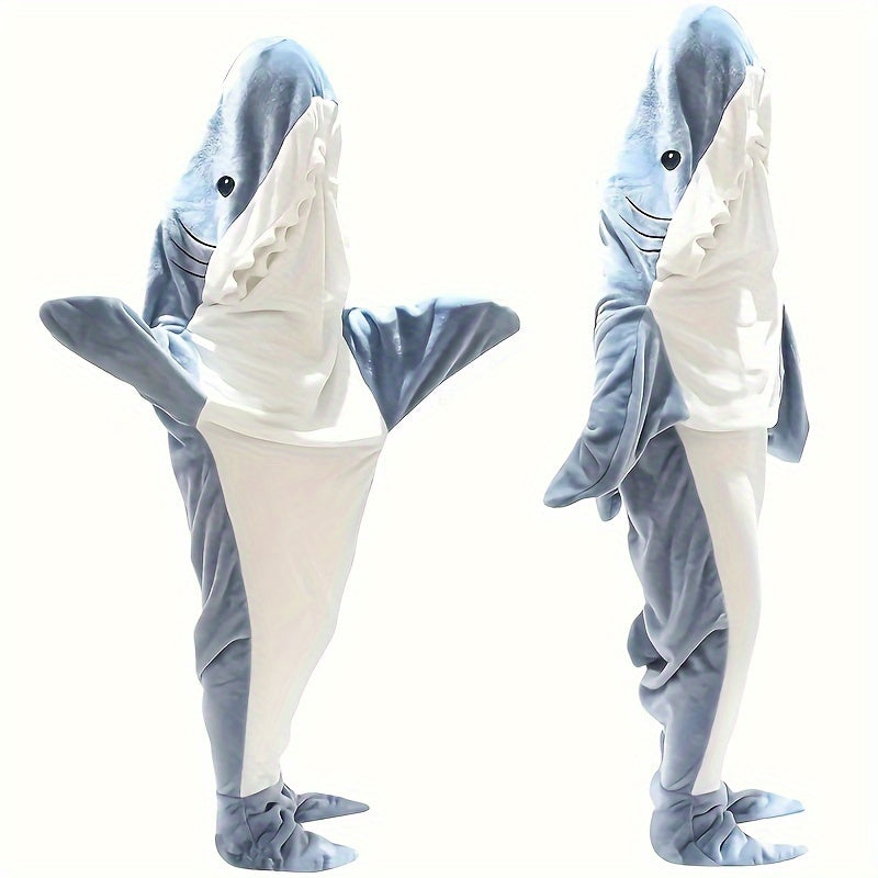 Gift for adults - Blue shark pattern hoodie blanket with a cute and interesting cartoon animal design. Made from cozy flannel, this wearable blanket is perfect for lounging on the sofa, bed, or even camping in the car.