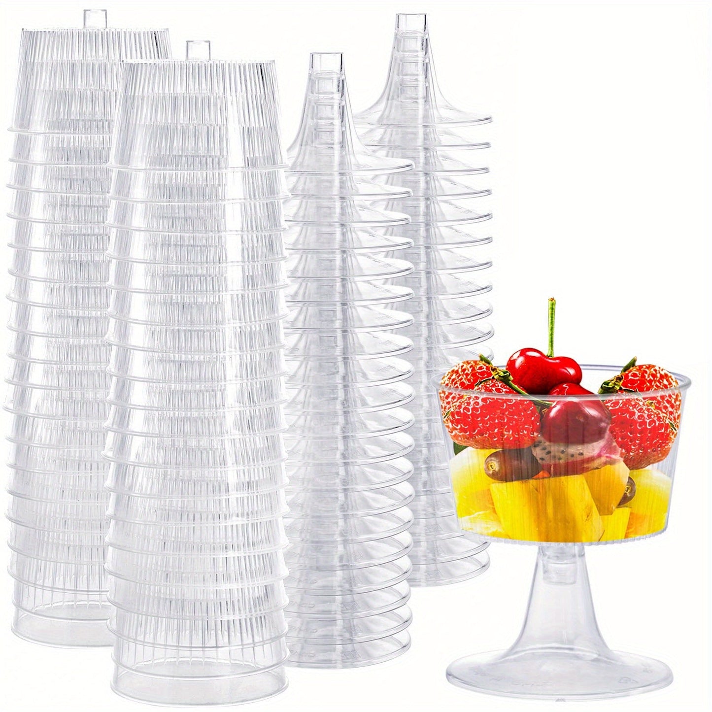 25 pieces of disposable plastic martini glasses that are clear and tall, perfect for cocktails. These reusable shooter glasses are ideal for serving dessert, appetizers, pudding, and trifles at parties.