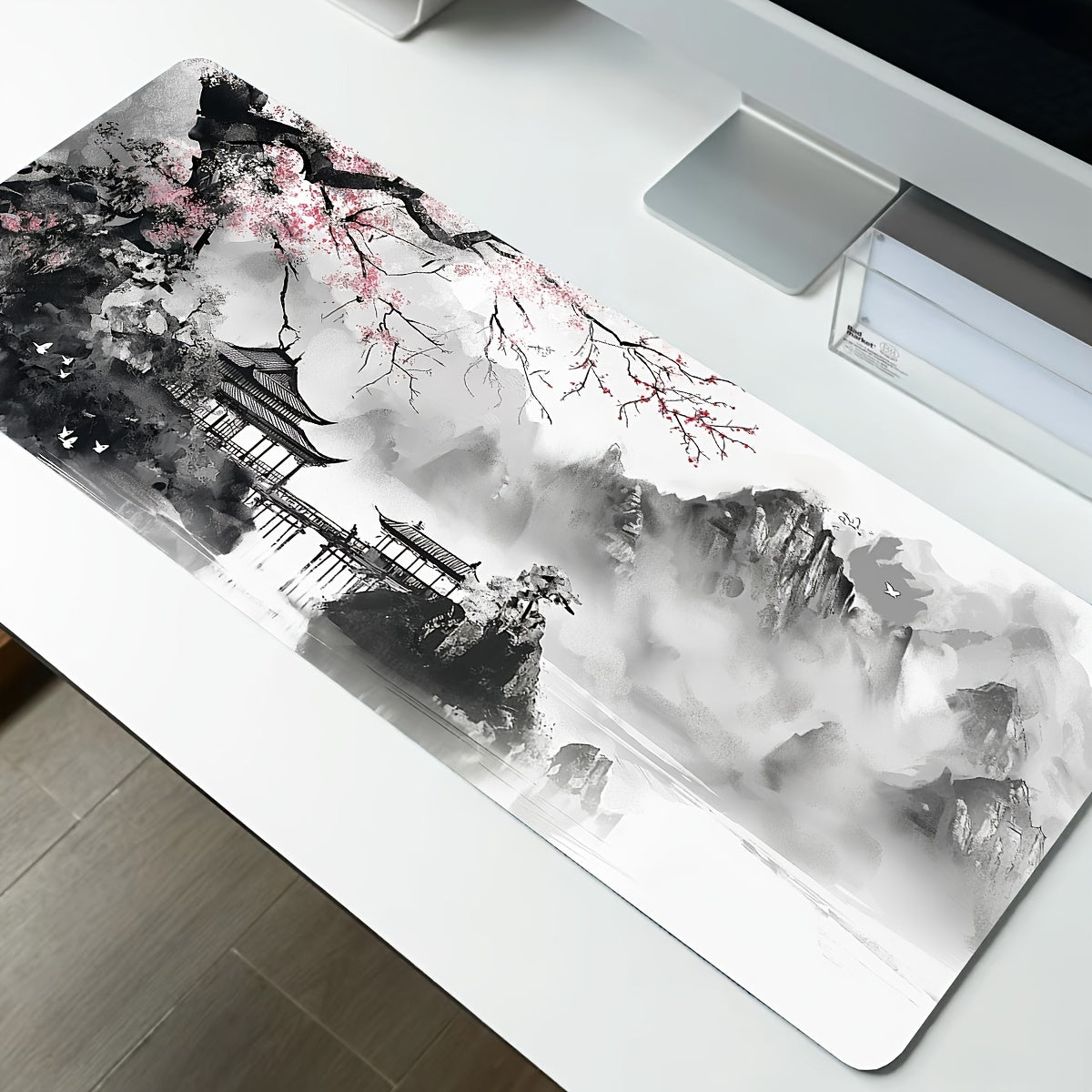 Cherry Blossom Watercolor Gaming Mouse Pad - XL size with Non-Slip Base, Polyester, Rectangular, Ideal for Office and Home Use, 80.01 x 29.97 cm