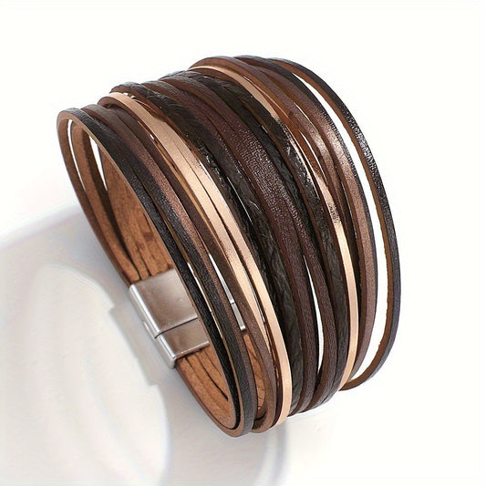 Vintage style Bohemian multi-layer PU leather wrap bracelet in brown and black strands, designed for friendship couples. Features an adjustable clasp for the perfect fit.