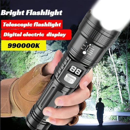 Tactical rechargeable flashlight with 3 modes and digital display, ideal for outdoor activities like hiking, hunting, and camping.