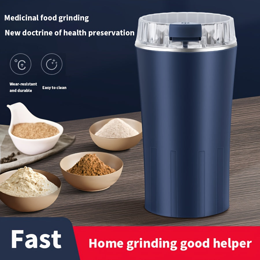 Compact electric coffee grinder with 80-gram capacity for dry grinding.