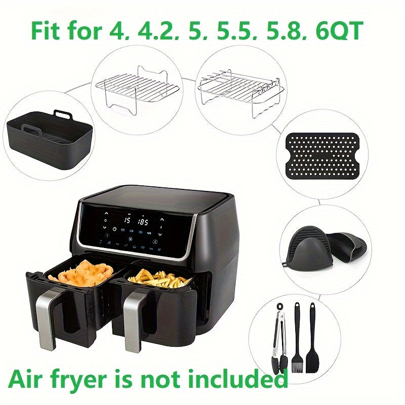 Air Fryer Accessories Set - Includes Tools/Rack for Most Dual Basket Air Fryer Models (7.6-9.6L), Oven Accessories, Air Fryer Liners, Multi-Layer/Skewer Rack, Metal Holder, Tongs, Brushes, and Oven Gloves