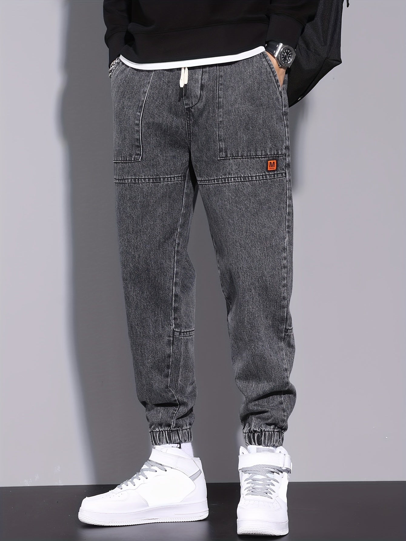 Men's harem jeans with elastic drawstring waist, perfect for all seasons.