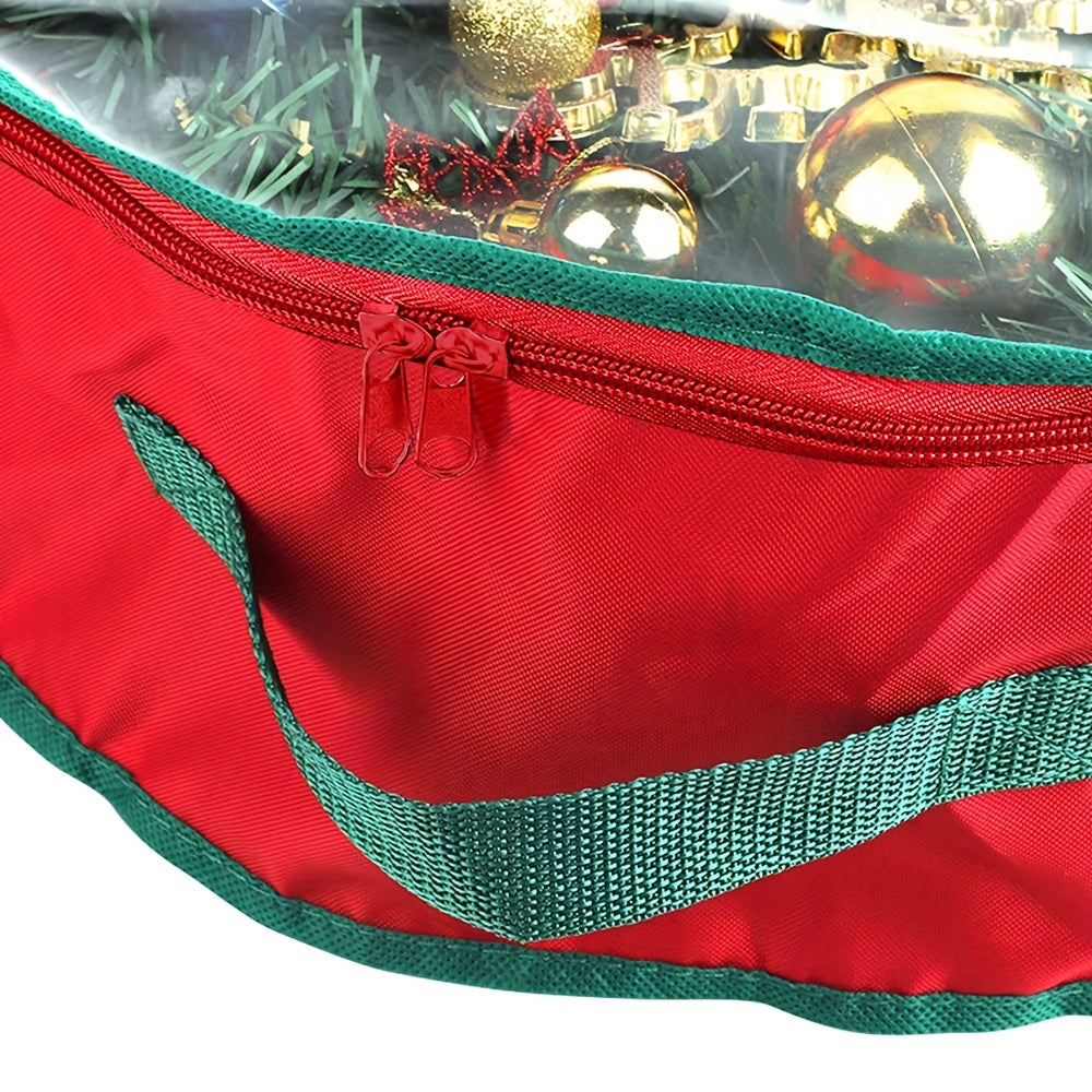 This Christmas wreath storage bag is made of polyester and designed for holiday garlands. It is tear-resistant and features heavy-duty handles, a transparent card slot, and a capacity of less than 3.2 cubic feet. The bag is under 68.58cm in height