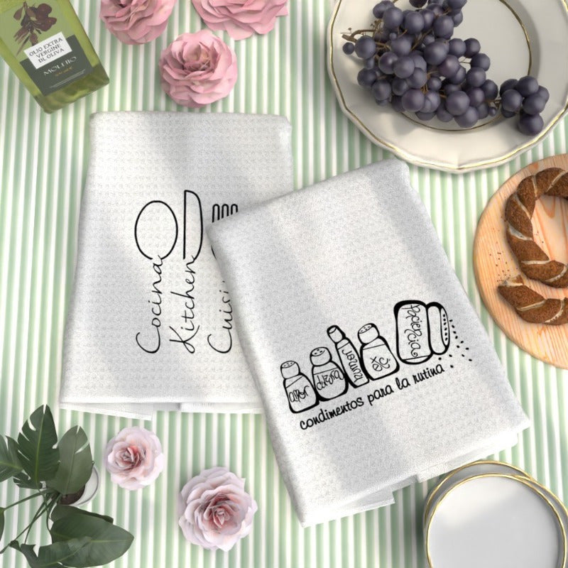 This duo of dish towels, measuring 18 by 66.04 cm, showcases witty kitchen quotes and fun illustrations. Ideal for a variety of uses such as cleaning, gym workout, or adding a stylish touch as decorative kitchen accessories. These absorbent hand towels