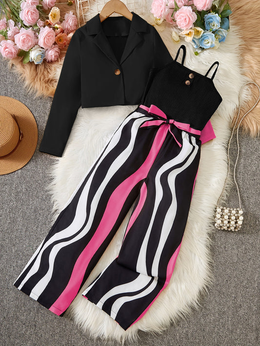 Girl's outfit includes a long sleeve short blazer, camisole, and striped jumpsuit set with belt. Stripe pattern is random. Perfect for outdoor wear.