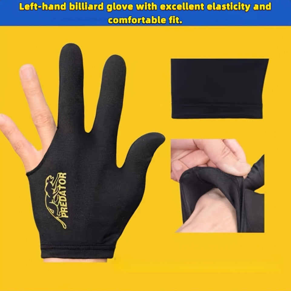 Set of 3/6 Black Three-Finger Billiard Gloves designed for the left hand, soft and comfortable with good breathability, suitable for snooker, eight-ball, and nine-ball.