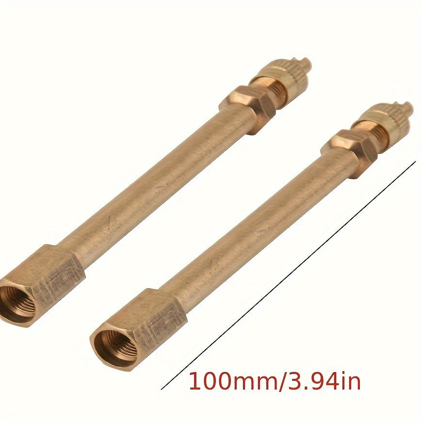 Two pieces of Golden Copper Tire Valve Extension Stems, suitable for use on cars, trucks, vans, RVs, and SUVs.