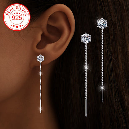 These fashionable dangling earrings for women are set with synthetic cubic zirconia and feature a dangling ear thread design. Made from 2g of S925 silver, these earrings are suitable for all seasons, holidays, and everyday wear. They are also low