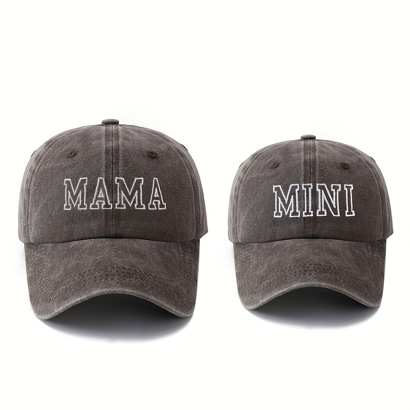 Set of 2 stylish baseball caps with high-quality embroidered letters "MAMA" and "MINI", curved brim design for outdoor activities, sun protection, and lightweight hip-hop style.