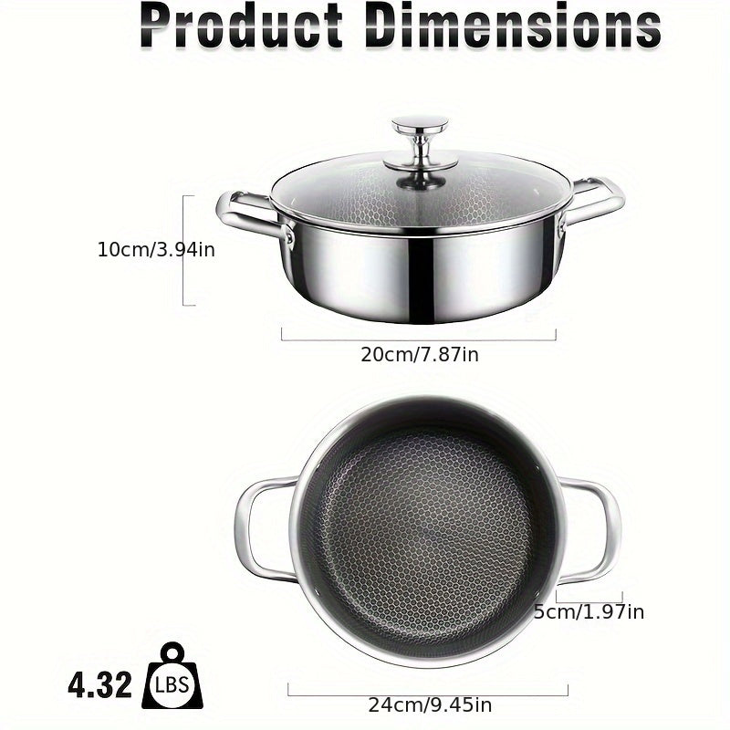 A 6-quart Stainless Steel Soup Pot with a Hybrid Non-stick Coating and Glass Lid, featuring a Honeycomb Carved Design for Induction Cooking. This versatile Soup Pot is compatible with all stoves, non-toxic, and safe for use in the dishwasher and oven.