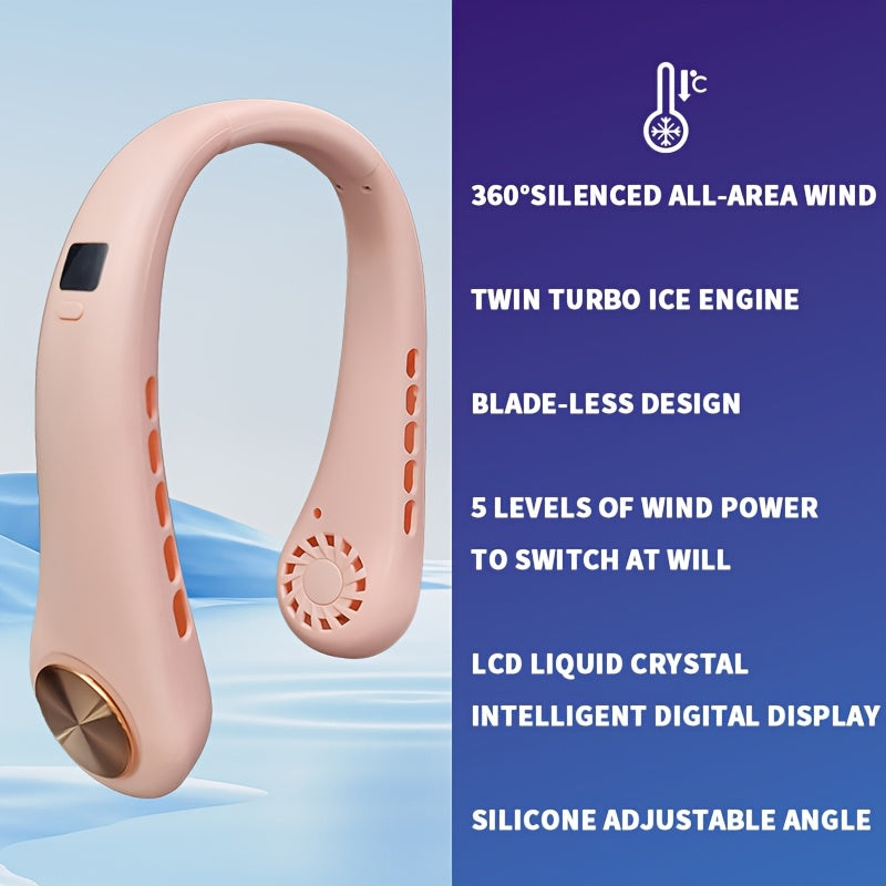 Stay cool with the JKUOO Portable Neck Fan, featuring a digital display, 5 speed settings, adjustable silicone strap, USB rechargeable 1200mAh lithium battery, and large wind output. Perfect for use at home, in the office, or during outdoor activities