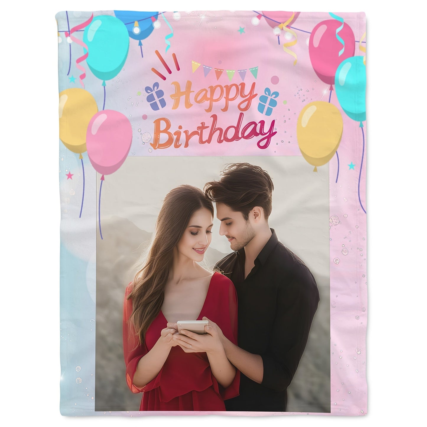 Customized Photo Blanket featuring Cute Balloons and 'Happy Birthday' Message - Ideal Present for Your Beloved Ones