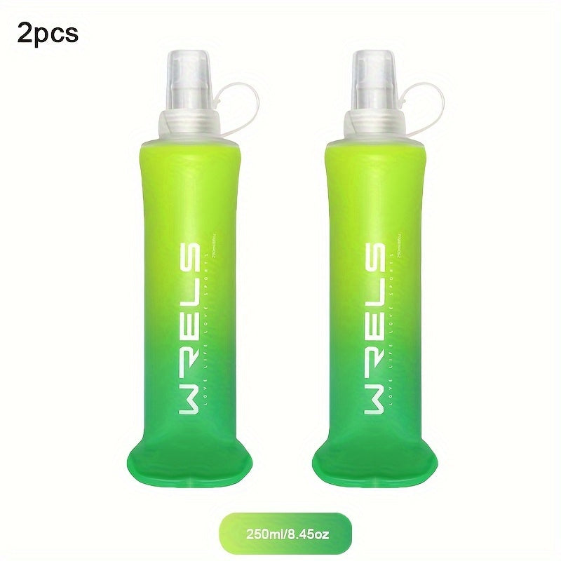 WRELS 2pcs collapsible silicone water bottles in sizes 8.5oz & 17oz, BPA-free for running, hiking, and cycling.