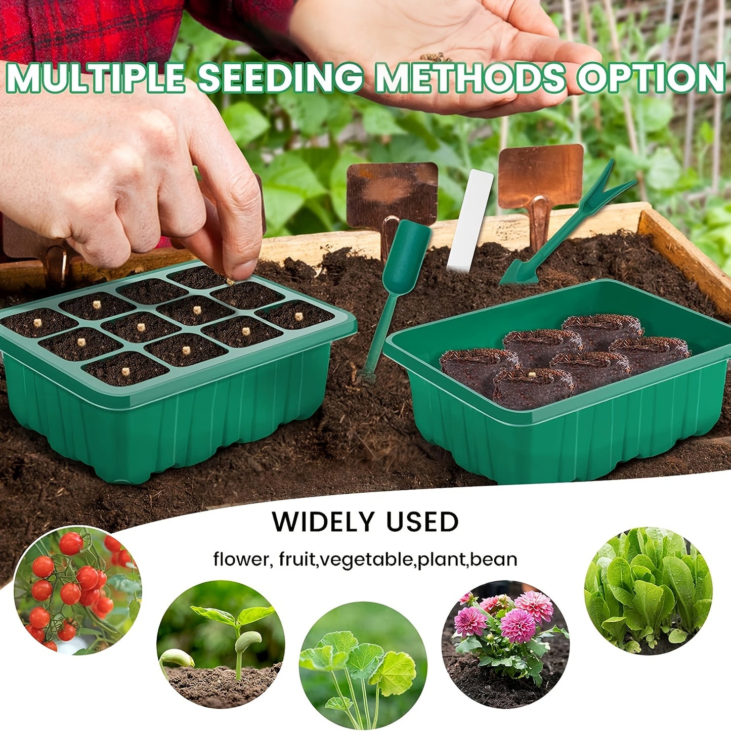 Seed starter trays with grow lights are available in packs of 1, 2, 4, or 5 and include humidity domes and bases for indoor greenhouse seed growth, with each tray containing 12 cells.