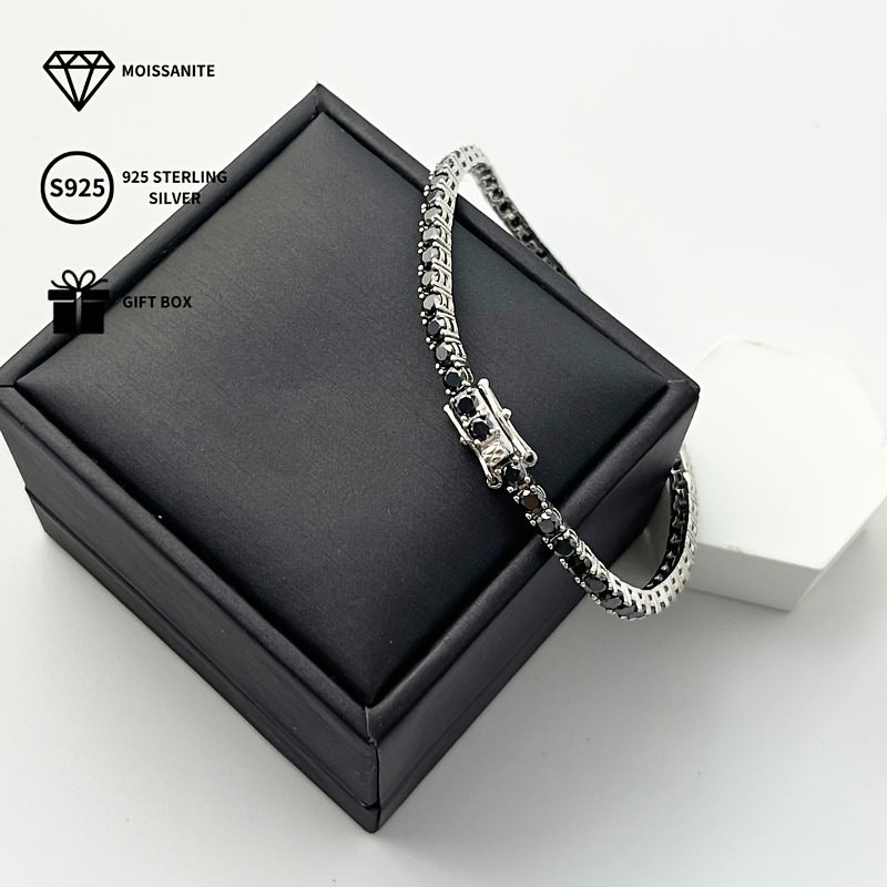 This stunning S925 Sterling Silver Black Moissanite Tennis Bracelet features a 0.1ct single stone and is the perfect accessory for daily wear, parties, and special occasions. It comes with a certificate and gift box, making it an ideal gift for