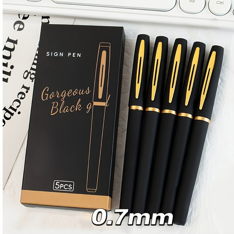 5 sleek black and golden gel pens: 0.5mm/0.7mm/1.0mm, large capacity, great for office.