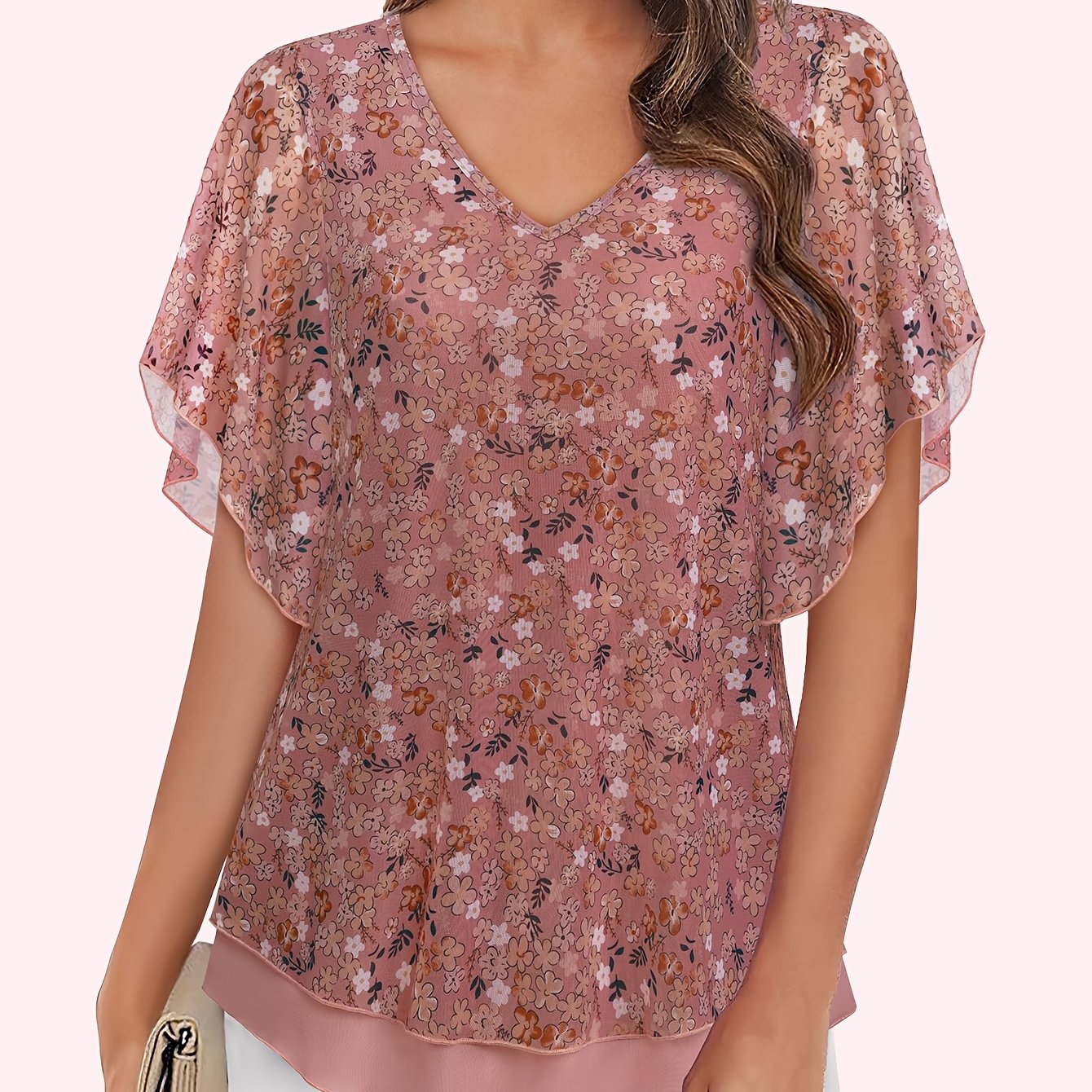 Women's Double Layer Mesh Blouses - Short Sleeve V Neck Tunic Tops