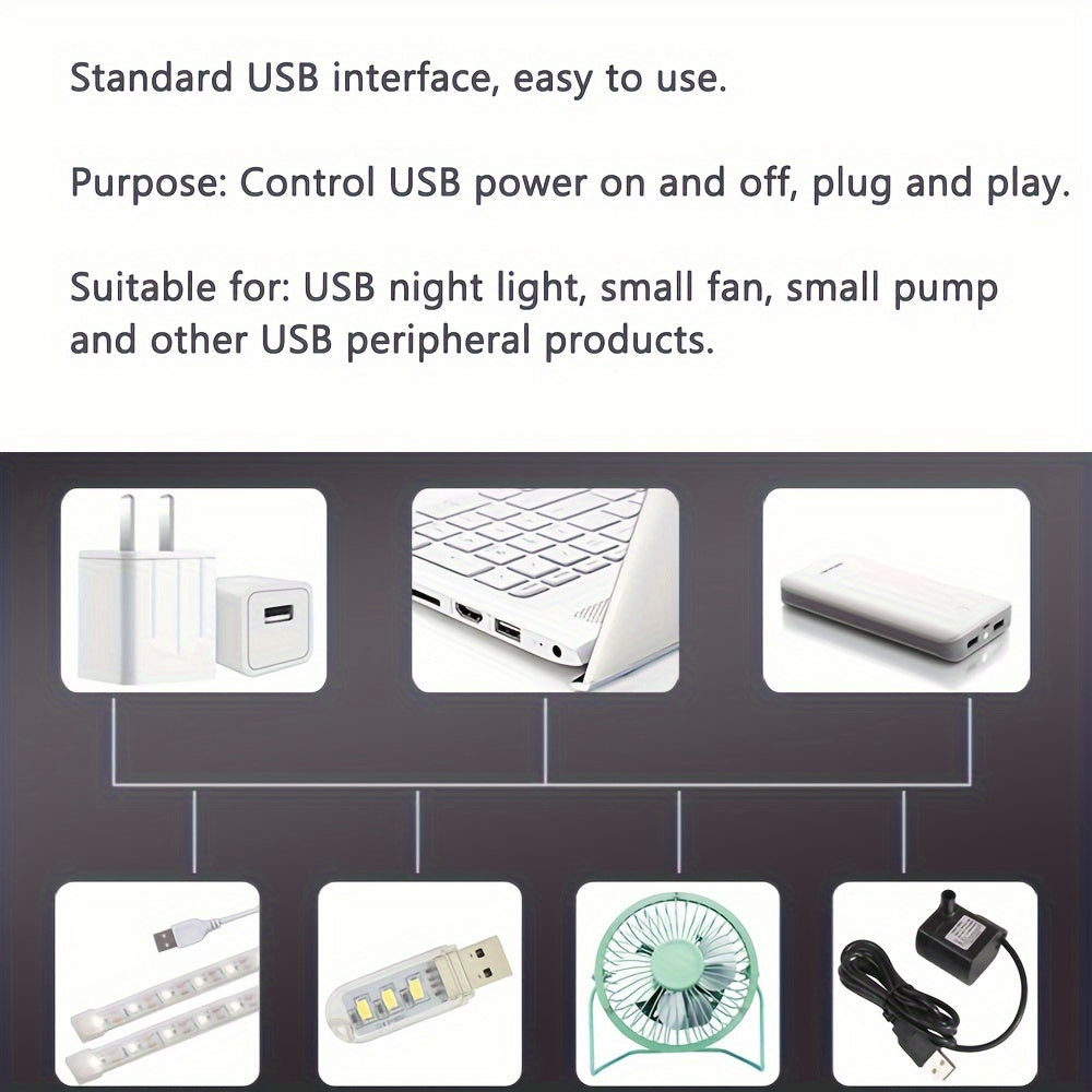 Wireless remote switch for LED lights, lamps, and fans. RF communication, USB-powered, tabletop mount. Compatible with computers.