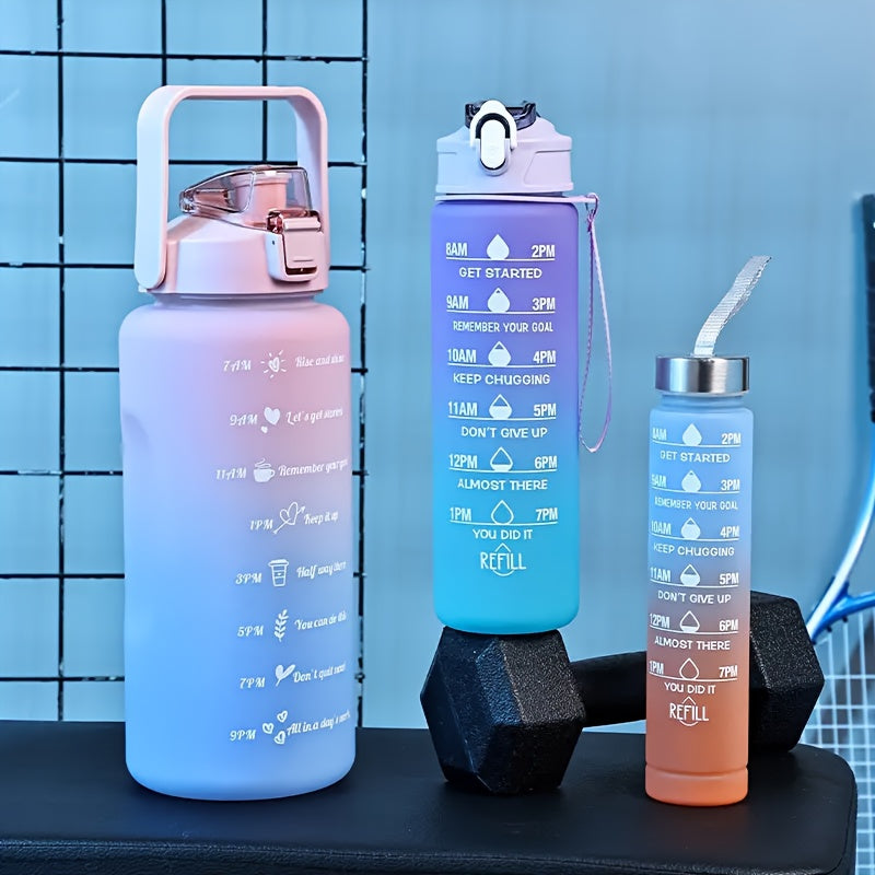 Motivational water bottle set with various sizes for outdoor activities and fitness, great as birthday gifts.