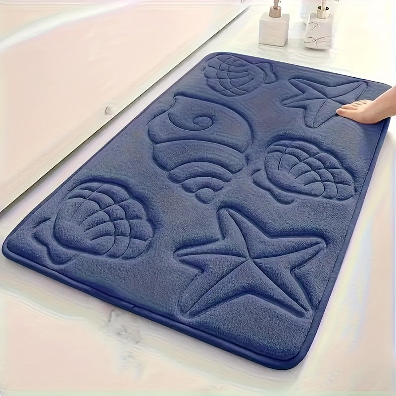 High-density 25D sponge bath mat with ultra-soft starfish and shell embossing, offering super absorbency and non-slip properties. Ideal for bathtubs, showers, and home decor. This bath accessory features high-frequency embossing for a touch of elegance