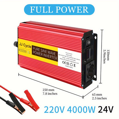 5000W/4000W Pure Sine Wave Inverter converts DC 12V/24V to AC 220V, 50Hz for car electronics with EU plug.