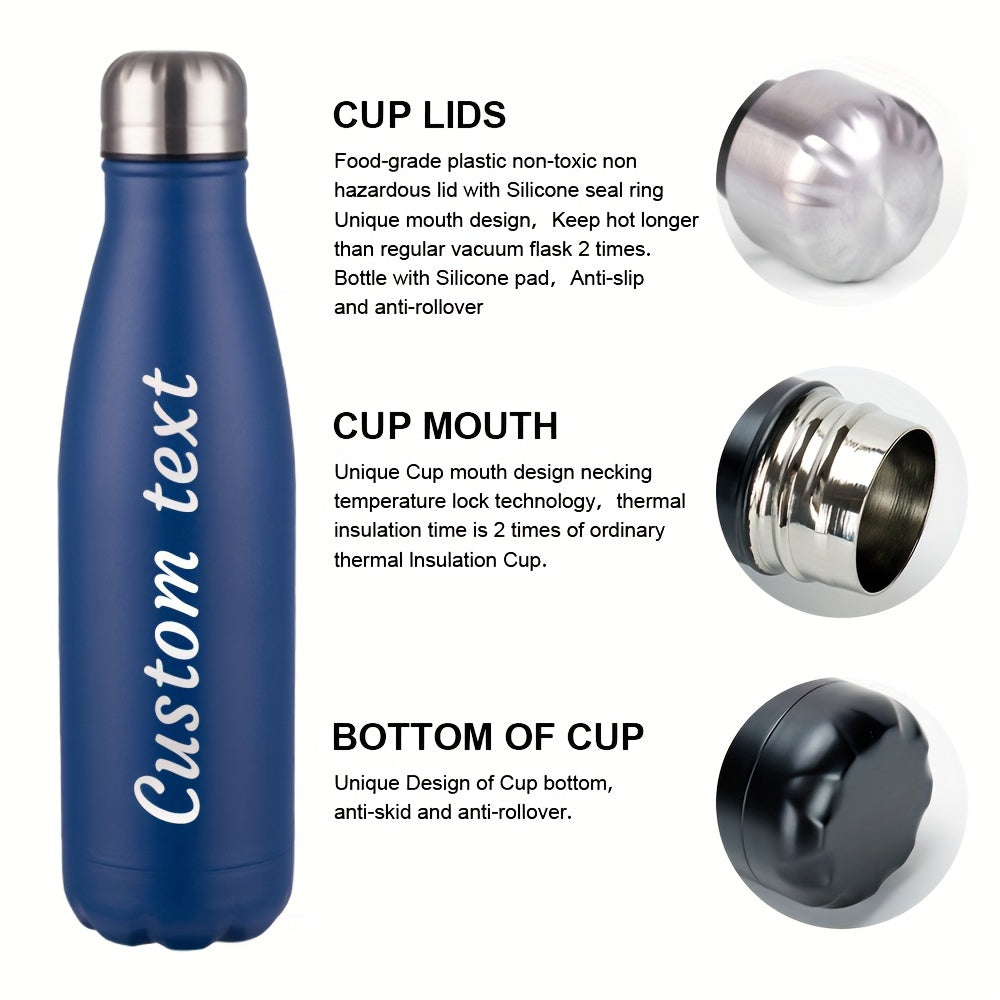 Custom engraved stainless steel water bottle, leak proof, BPA-free, ideal for sports and daily use. Hand wash only.