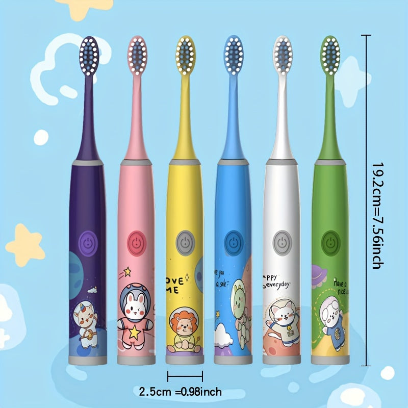 The New Space Series children's electric toothbrush set includes a battery-operated model with 3 to 6 brush heads, making it a perfect holiday gift for family and friends. Featuring soft