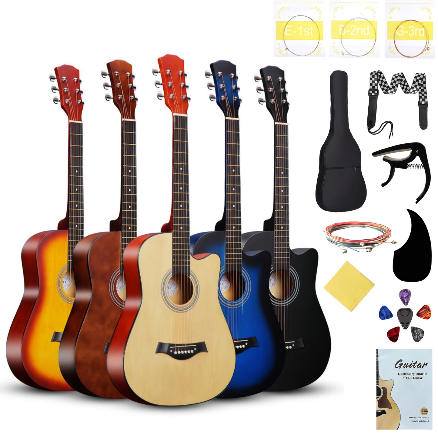 38-Inch Acoustic Guitar Starter Kit for Beginners, Includes Backpack, Strap, Capo, Picks, Picks Case, Strings, Cloth, Stickers, and Instructions.