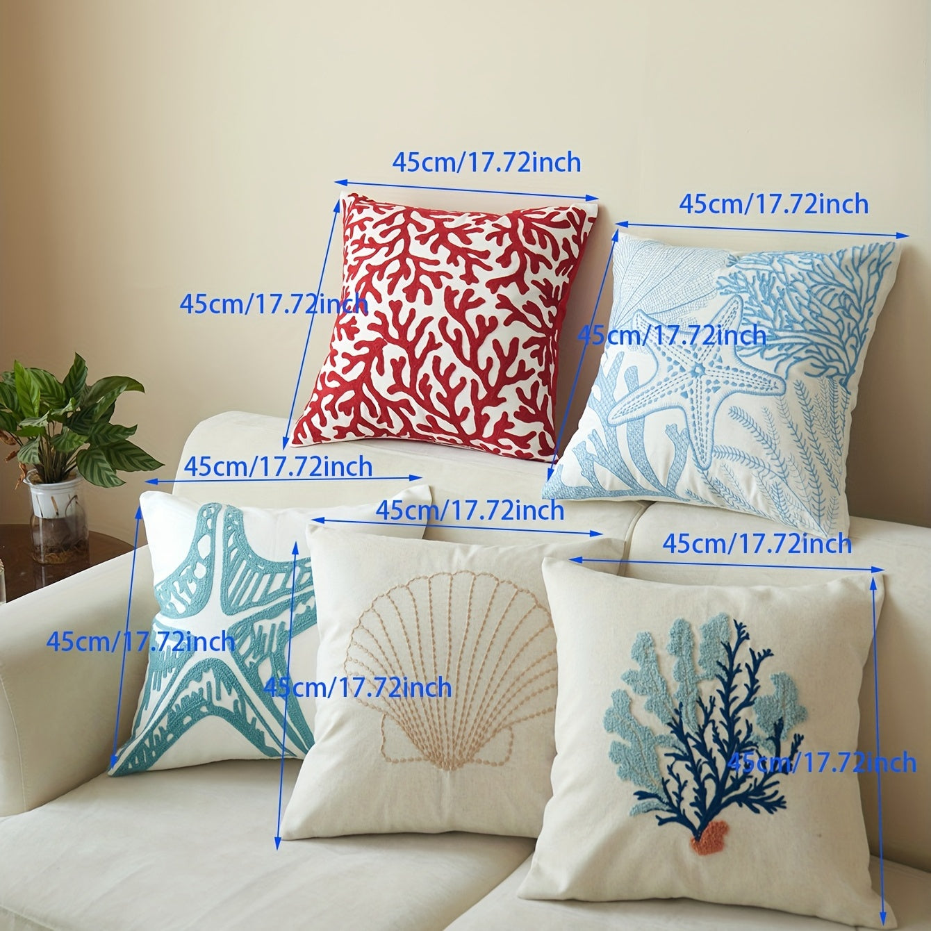 Ocean animal embroidery throw pillow case for living room, bedroom, couch, sofa - 17.72" x 17.72" - single-sided printed.