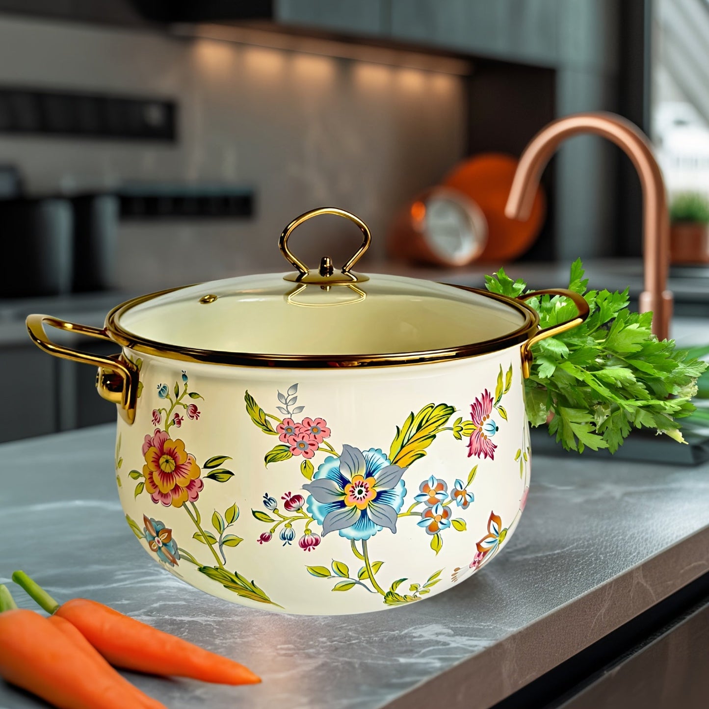 Dual-handled Enamel Soup Pot with Large Capacity - Non-Stick, Dishwasher Safe, Colorful Floral Design for Healthy Cooking in Phnom Penh, Fresh Small, Double Ears