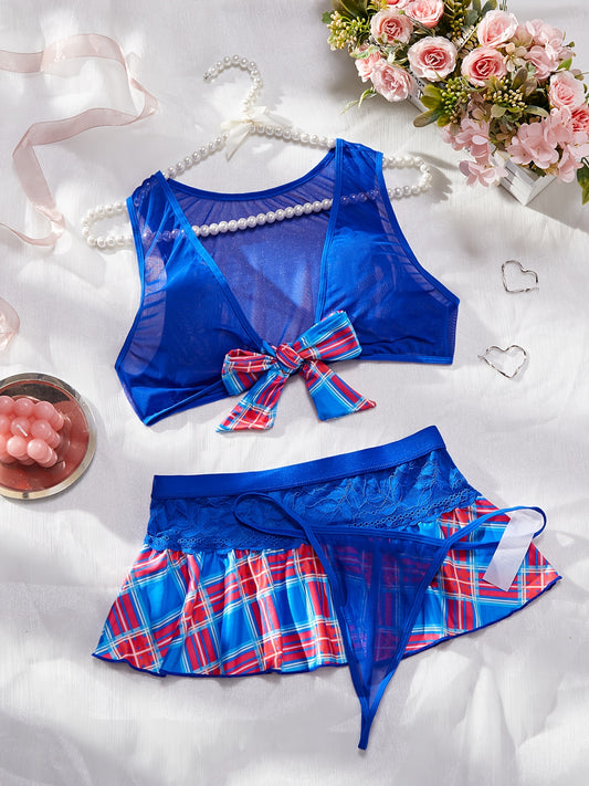 Plaid print cosplay set with sheer skirt, tank top, and thong, sexy lingerie for women.