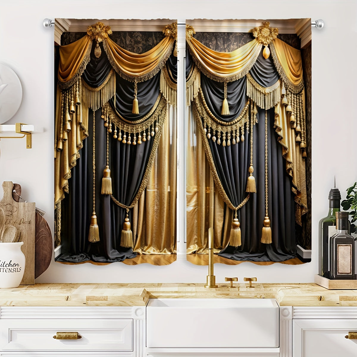 2pc Luxurious Black & Golden Valance Curtains with Elegant Rod Pocket Design, Semi-Transparent Polyester Fabric. Machine washable, perfect for living rooms or bedrooms. Ideal for study room