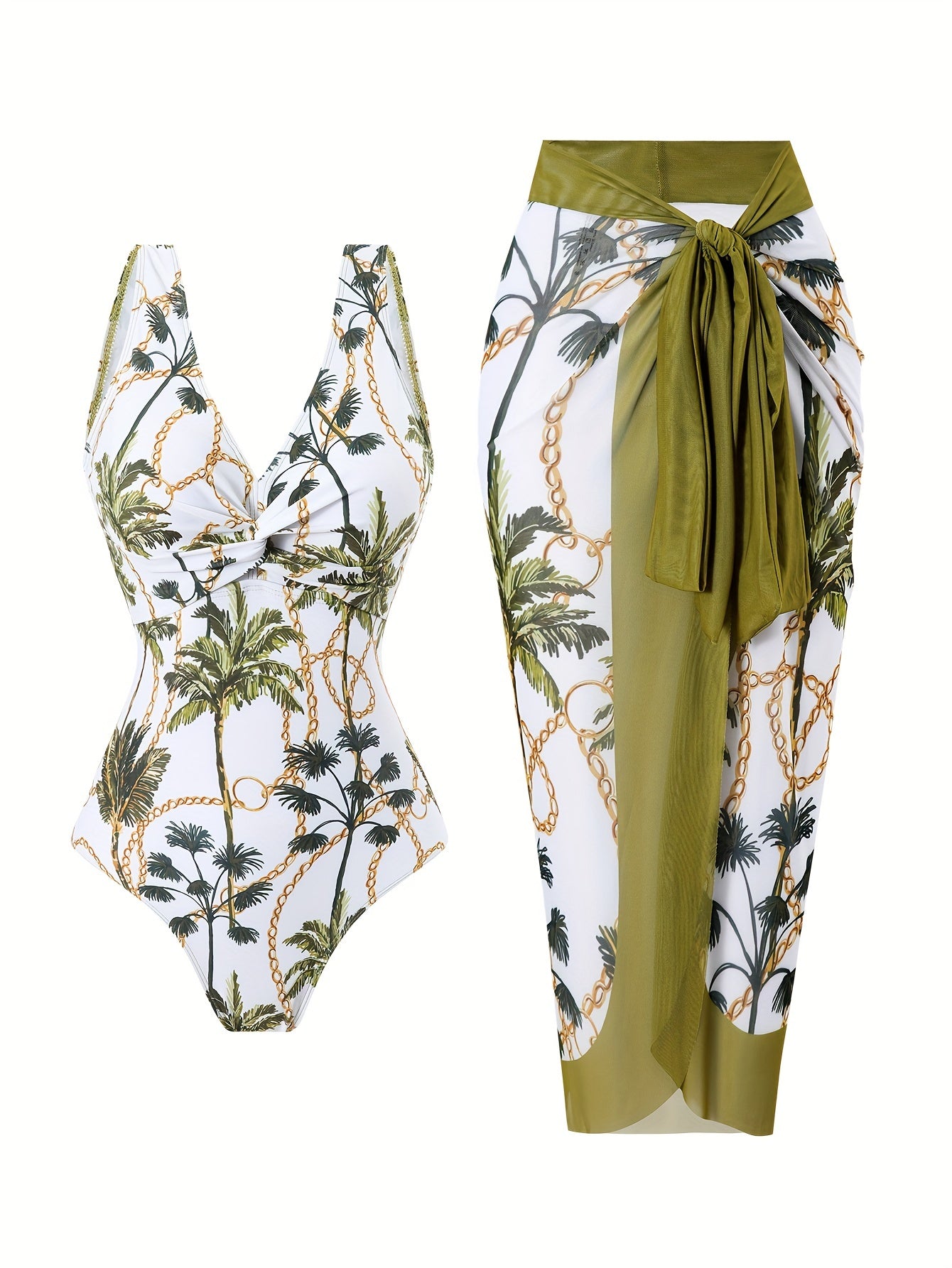 Tropical palm print two-piece swimsuit set made with high stretch knit fabric includes a V-neck one-piece swimwear and sheer sarong with removable pads, suitable for all seasons as