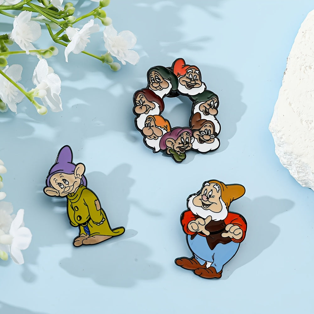 Three Disney Seven Dwarfs Enamel Pins featuring adorable cartoon characters, made from Zinc Alloy. These metal badges are perfect for adding a touch of whimsy to clothing and backpacks. They make an ideal Christmas gift or party accessory, suitable for