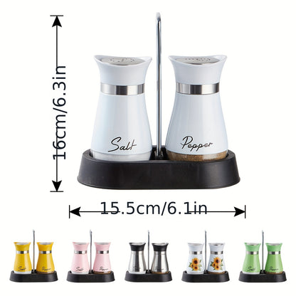 A set of salt and pepper bottle sets with 1 stand and 2 bottles. Glass bottom jars with stable stand, used for kitchen utensils, cooking tables, RVs, camping, barbecues, and seasoning.