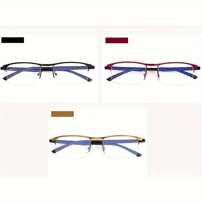 1 pair of progressive multi-focus reading glasses with semi-frame rectangular design for both men and women. Available in 3 colors with a mirror case.