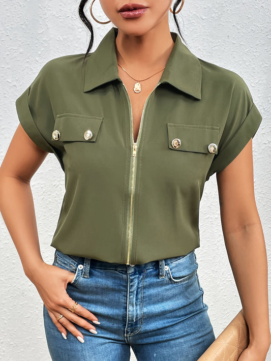 Stylish zip-up blouse with lapel collar - versatile for casual and formal occasions.