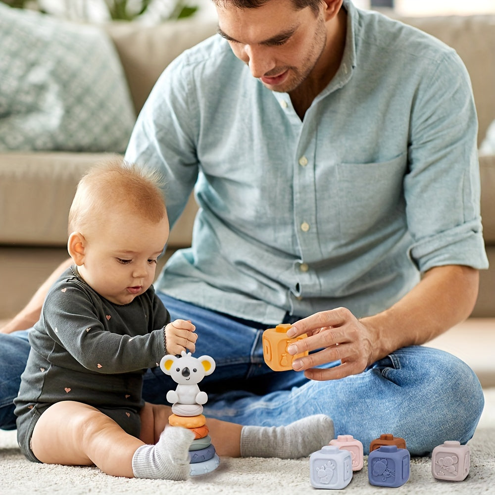 Set of 13 PVC Soft Stacking and Nesting Blocks with Teething Koala, Includes 2-in-1 Building and Stacking Toys, Ideal Early Educational Activity for Infants and Toddlers aged 6 Months to 3 Years