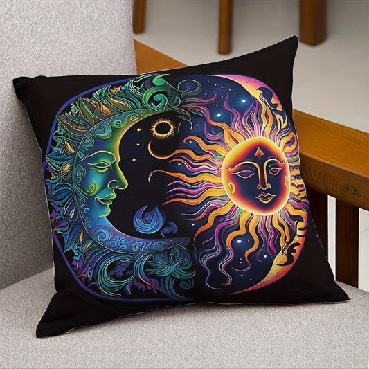 Sun and Moon throw pillow cover - 44.96x44.96 cm, cosmic art design, zippered polyester square case, contemporary style, machine washable, no insert