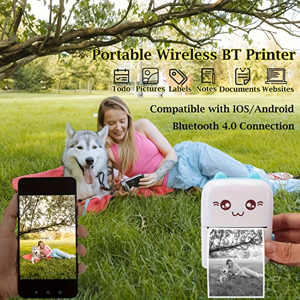 Portable mini wireless thermal printer with app connectivity and USB charging. Monochrome output, rechargeable lithium battery, thermal paper compatible, no ink required. Perfect for photos