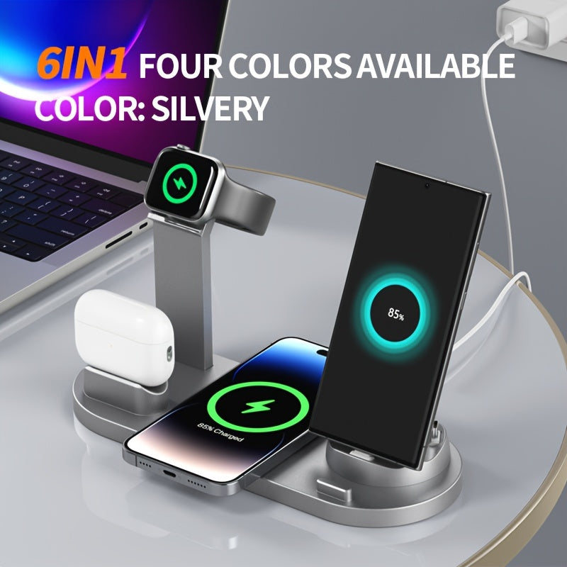 Wireless charger with fast charging for iPhone, Samsung, and Android series, also compatible with AirPods and iPhone Watch.