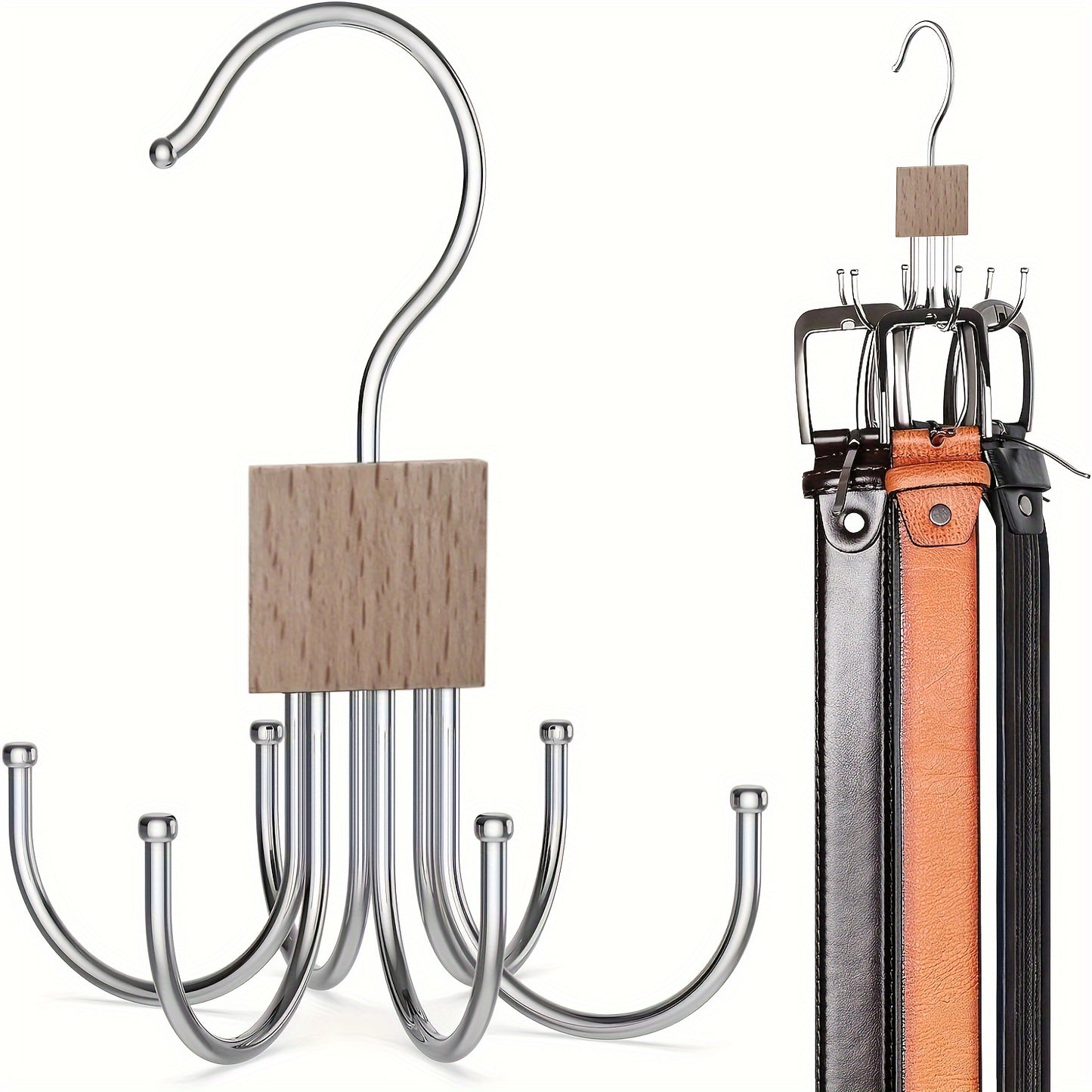 Large capacity multipurpose belt hanger for organizing belts, bras, vests, ties, and scarves in a closet. Made of rotatable wooden rack with stainless steel hanging hooks. Stylish accessory for any closet.